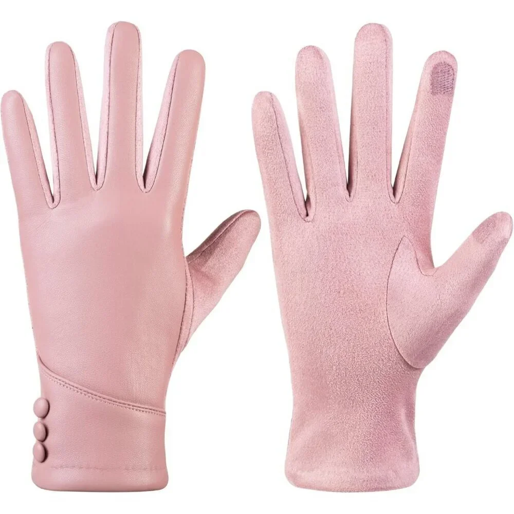 Women's Pink Winter Leather Suede Gloves Wool Lined Windproof Touchscreen